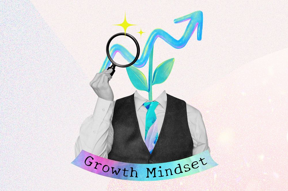 Editable growth mindset word, graph-head businessman collage remix