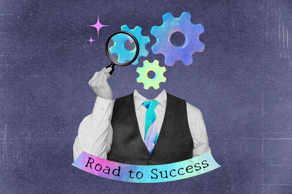 Editable road to success word, cogwheel head man gradient holographic collage remix