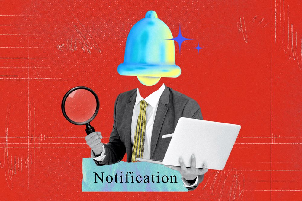 Editable notification word, bell head businessman collage remix