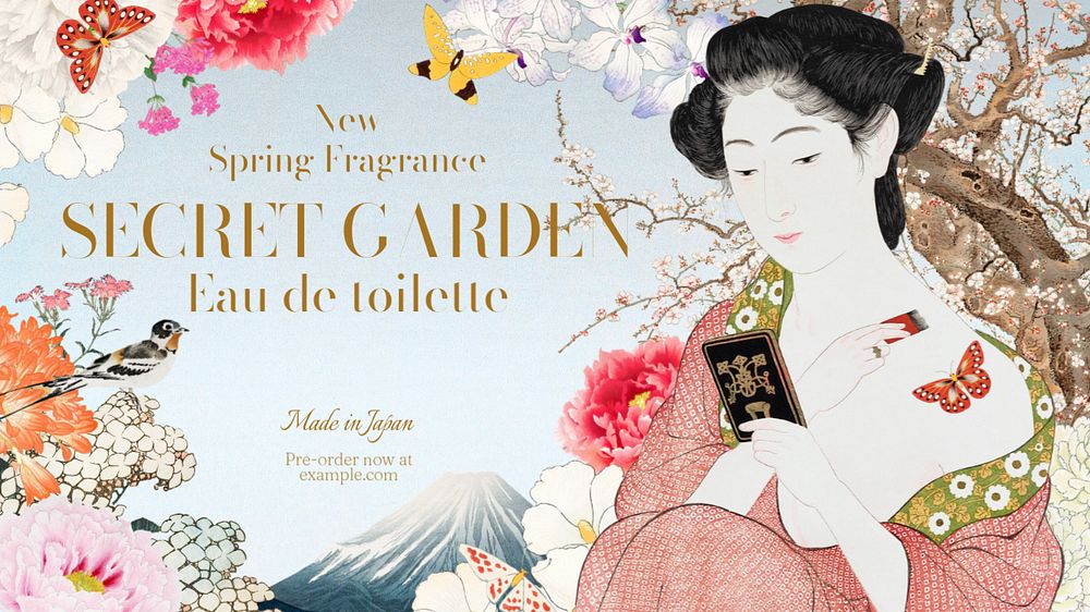 Japanese perfume blog banner template, editable Ukiyo-e art remix design