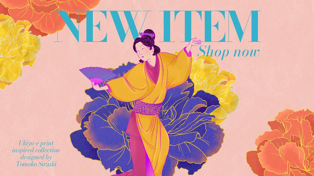 Japanese fashion blog banner template, editable Ukiyo-e art remix design