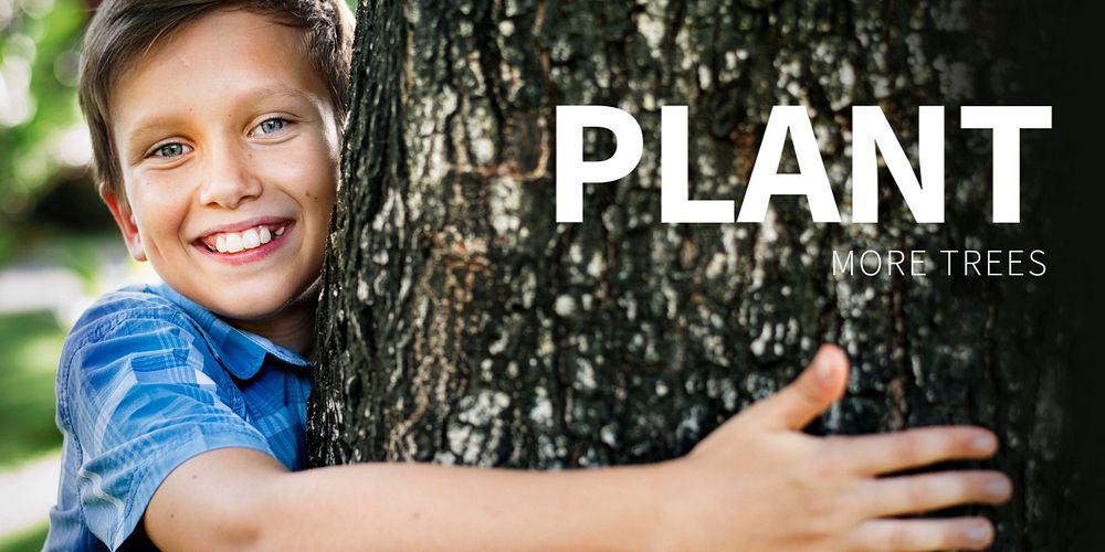 Environment Twitter ad template with child hugging plant