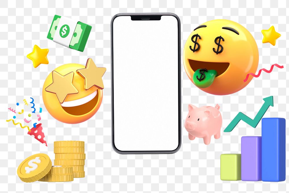 Money-mouth face emoticon phone screen, growing revenue business, editable design