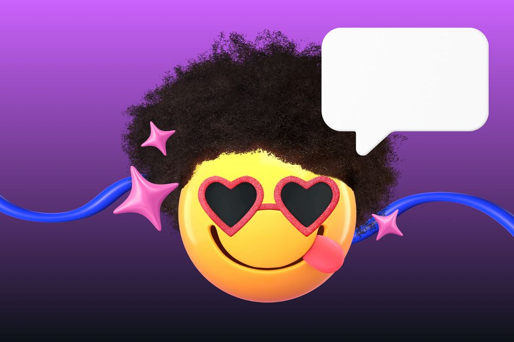 3D Afro emoticon background, gradient purple speech bubble, editable design