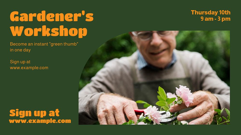 Gardener's workshop blog banner template, editable text & design