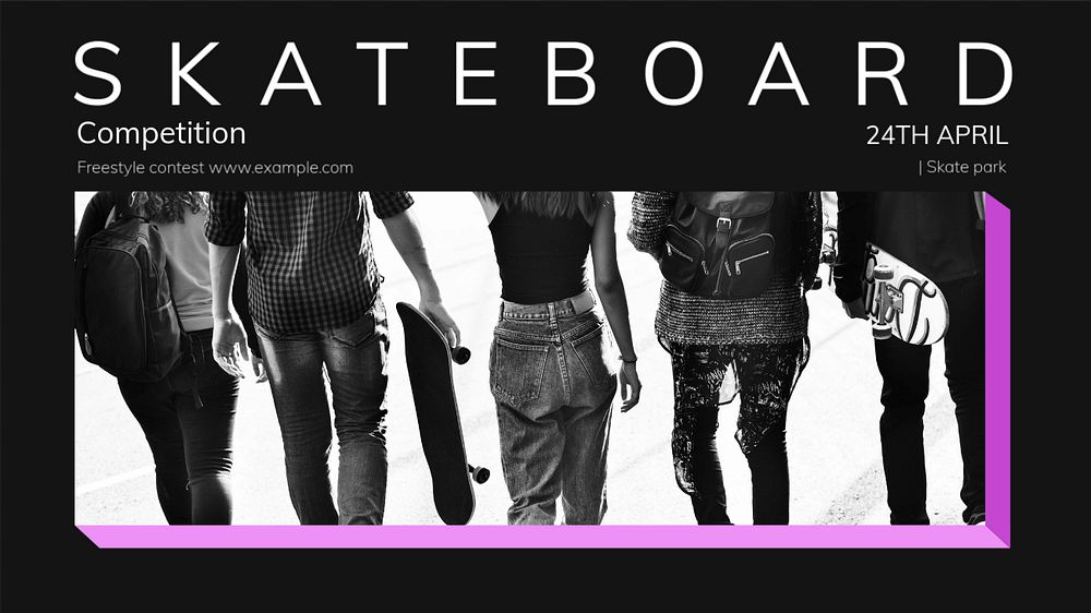 Skateboard competition blog banner template, editable text & design