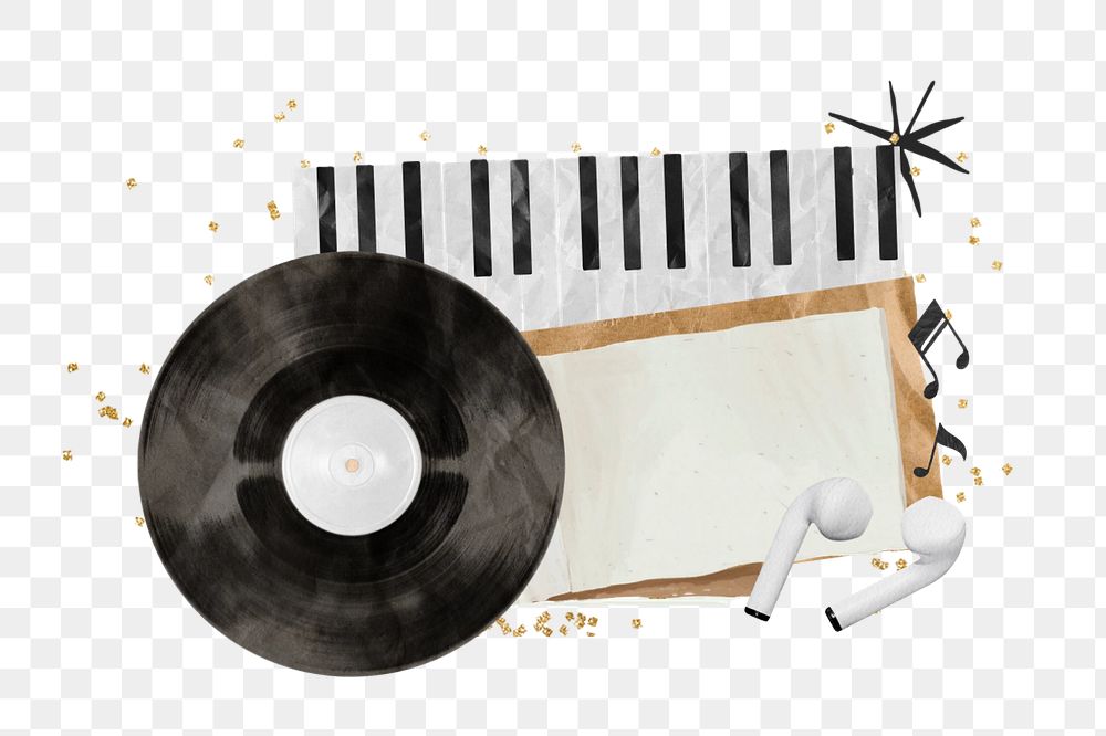 Retro music element, editable vinyl record and earphones paper collage