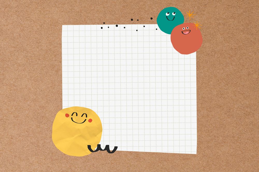 Editable grid note paper, happy emoticon doodle design 