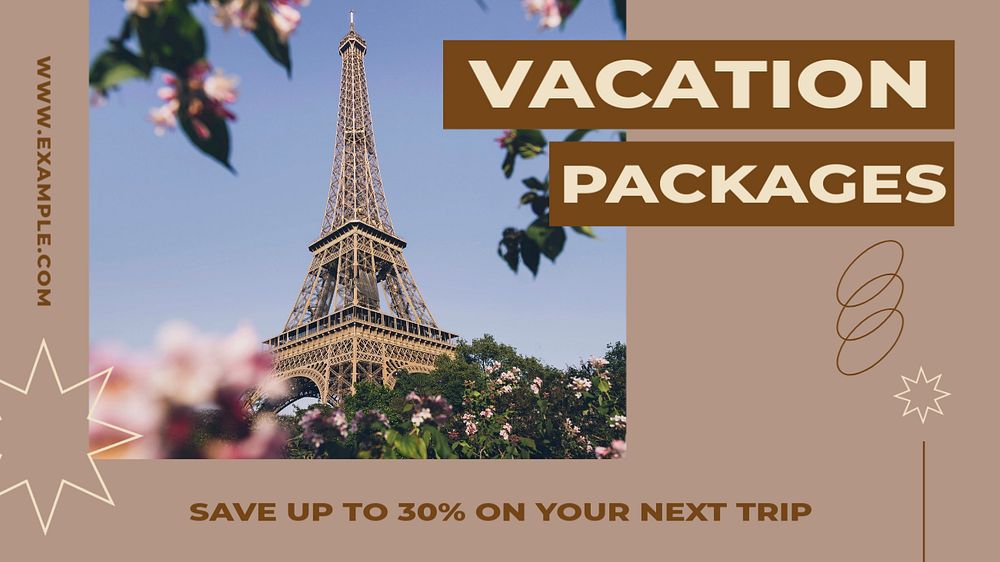 Vacation packages blog banner template, editable text