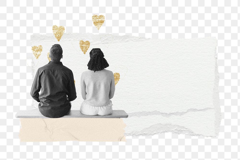 Couple png aesthetic ripped paper, man and woman sitting collage art, editable design