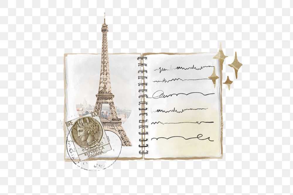 Aesthetic Eiffel tower notebook element png, editable doodle collage remix design