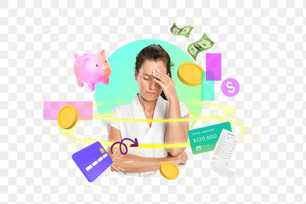 Stressed woman png, digital finance remix, editable design