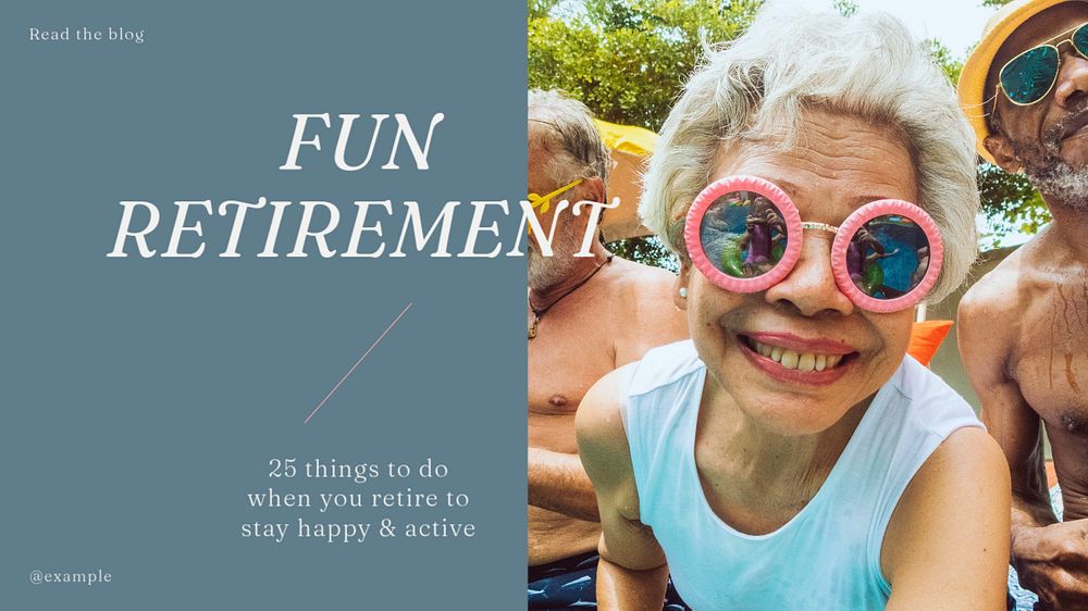 Fun retirement blog banner template, editable text & design