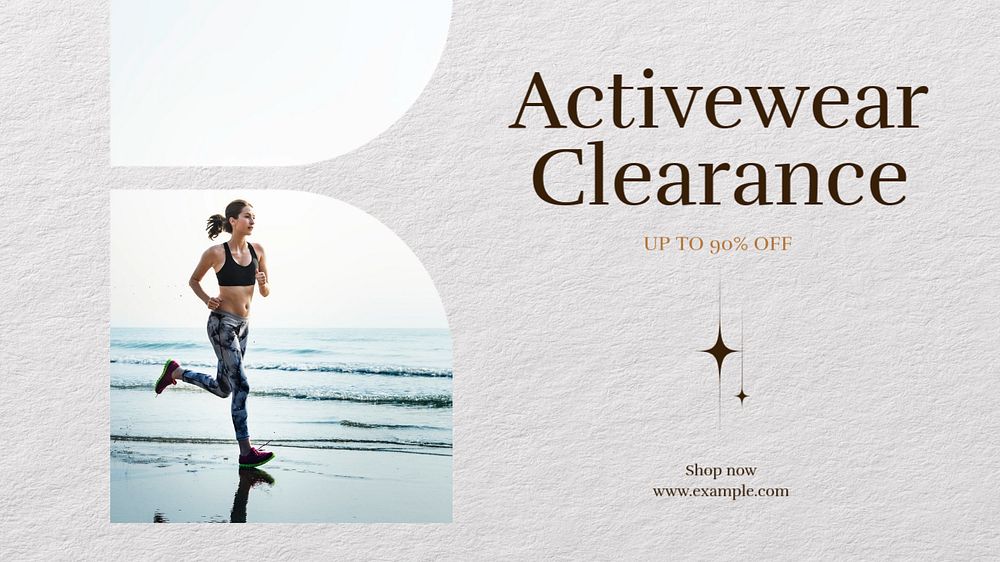 Activewear clearance sale blog banner template, editable text & design