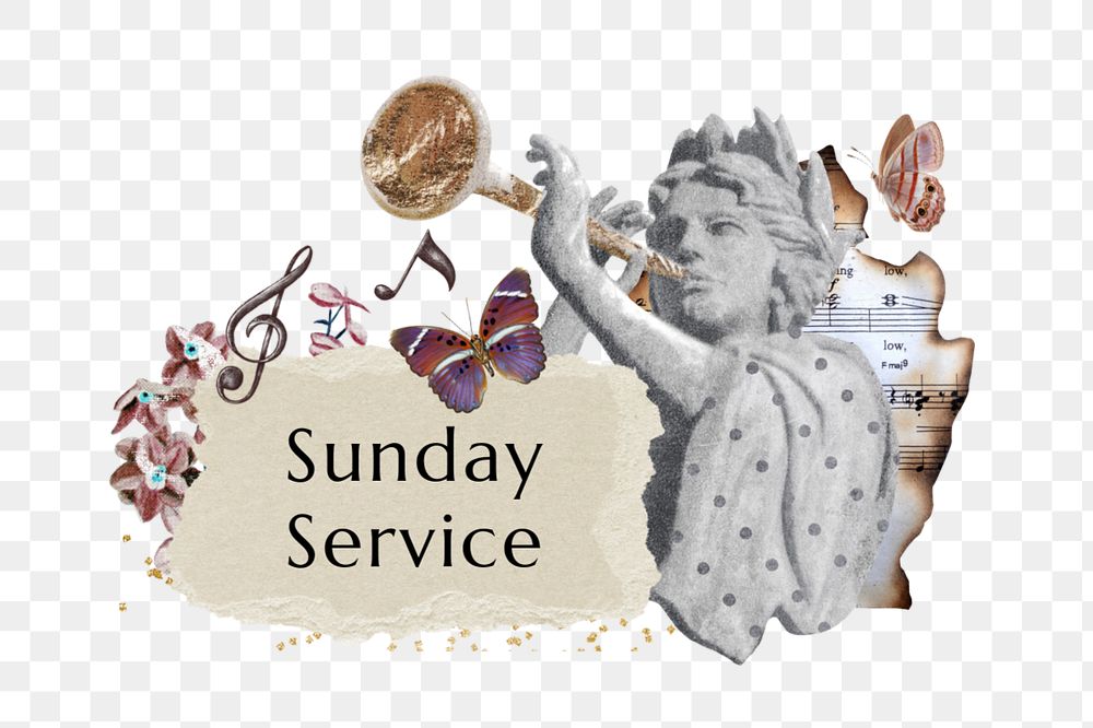 Ephemera Sunday service element png, editable ripped paper collage remix design