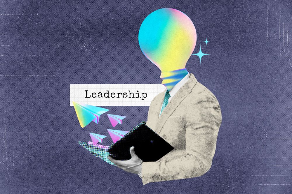 Editable leadership word, light bulb head businessman collage remix