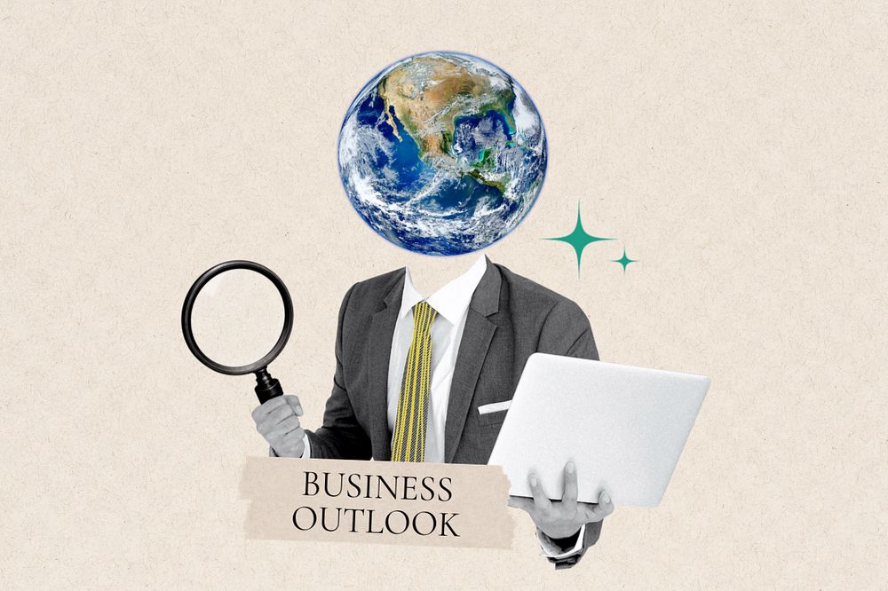 Business outlook word, globe head businessman remix, customizable design