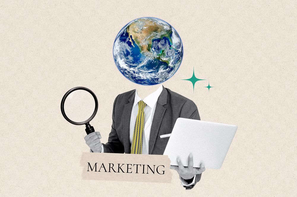 Marketing word, globe head businessman remix, customizable design