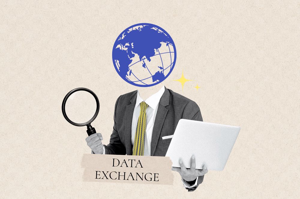 Data exchange word, grid globe head businessman remix, customizable design