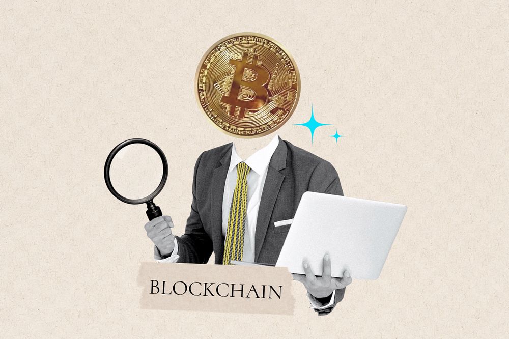 Blockchain word, bitcoin head businessman remix, customizable design