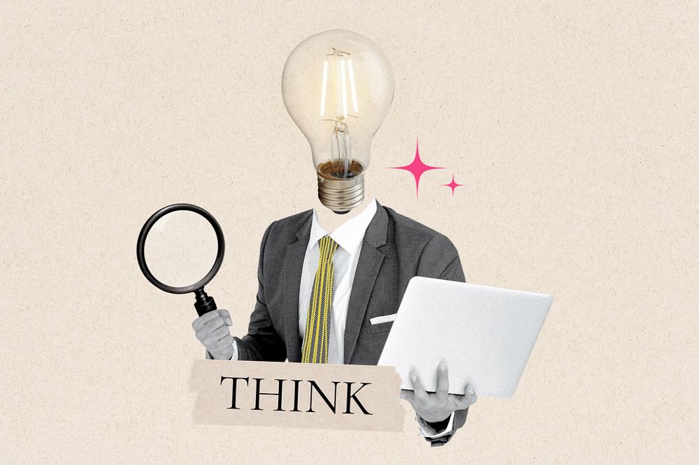 Think word, light-bulb head businessman remix, editable design