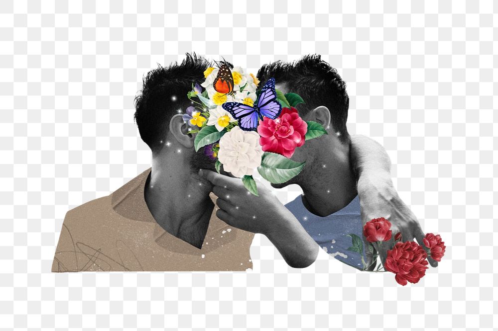 Gay couple kissing png, surreal LGBTQ remix, editable design