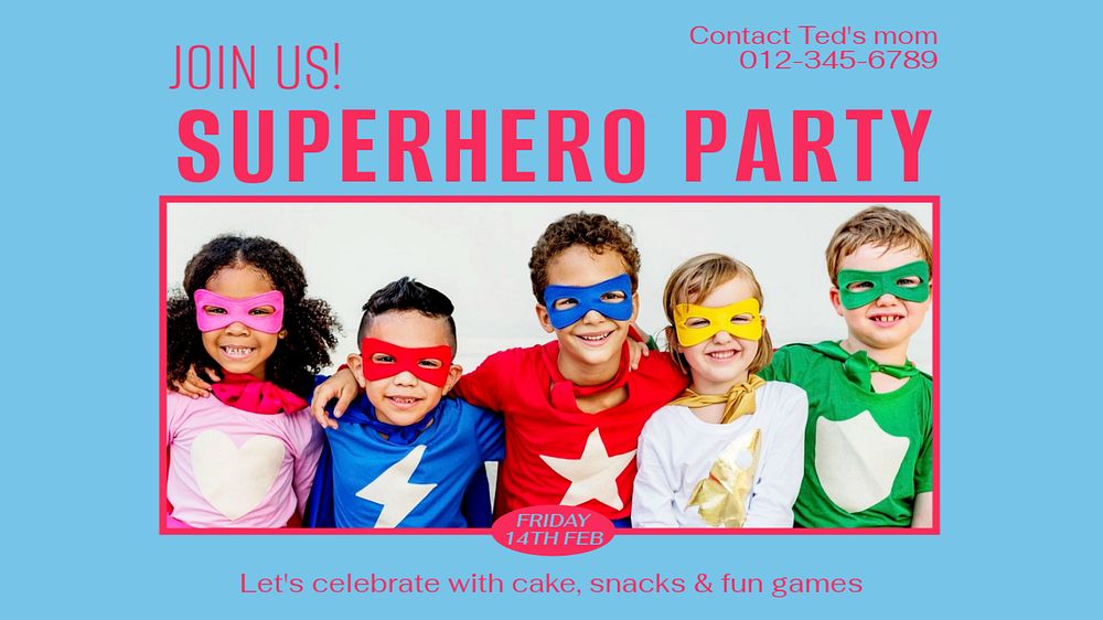 Kids superhero party blog banner template, editable design