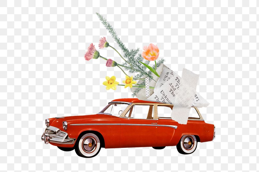 Car carrying flower bouquet png, editable aesthetic remix