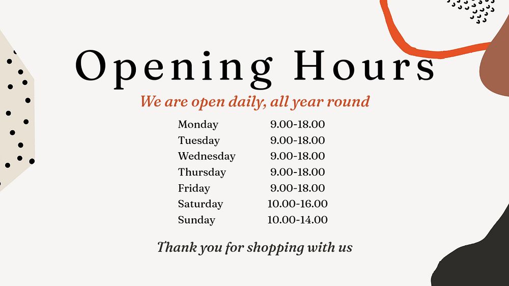 Opening hours blog banner template, editable text