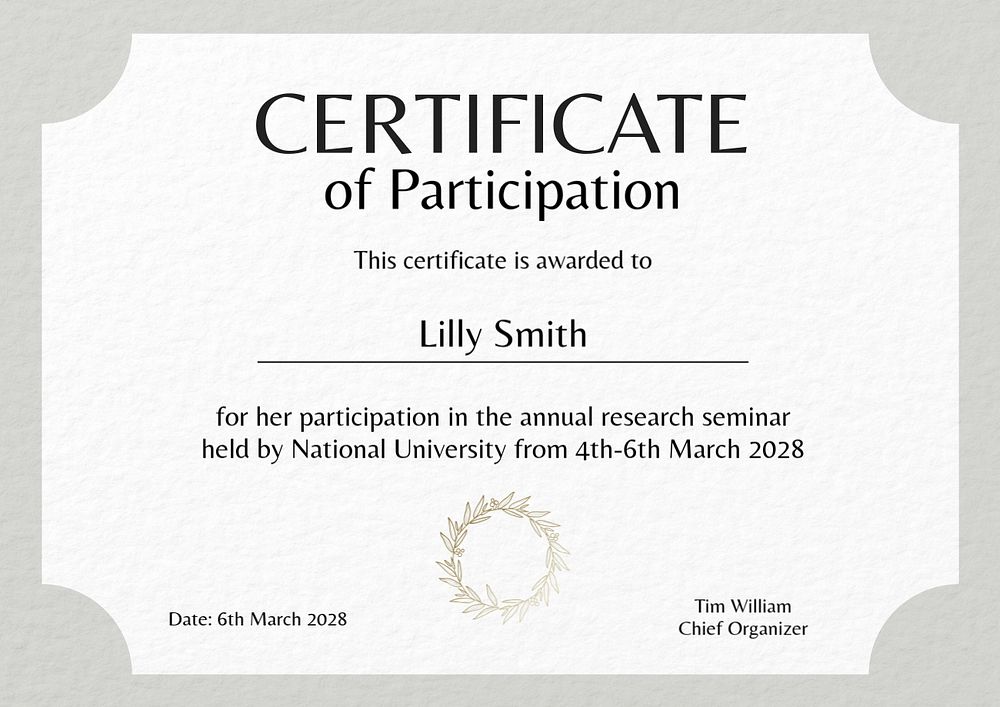 Participation certificate template, editable design