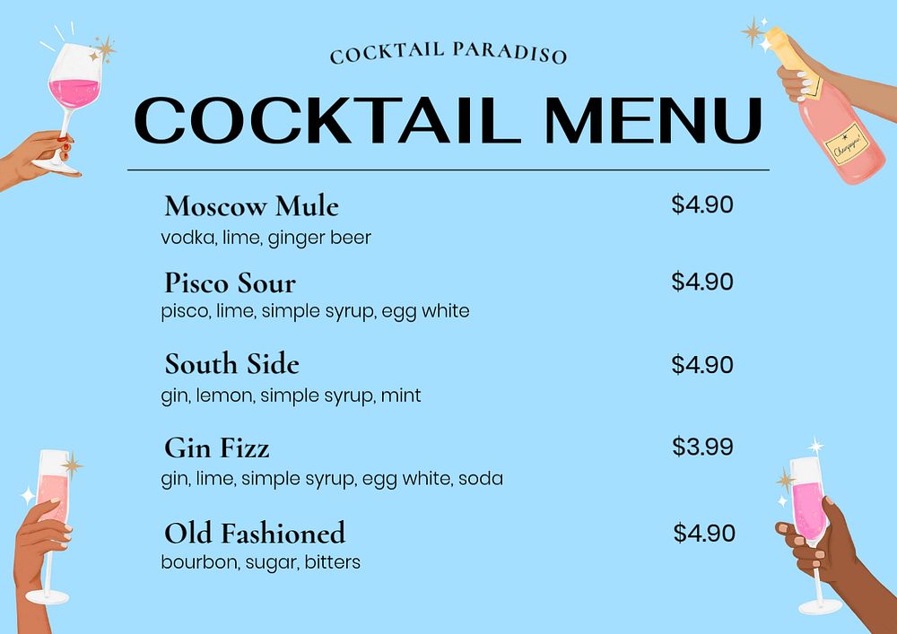 Cocktail menu template, editable design