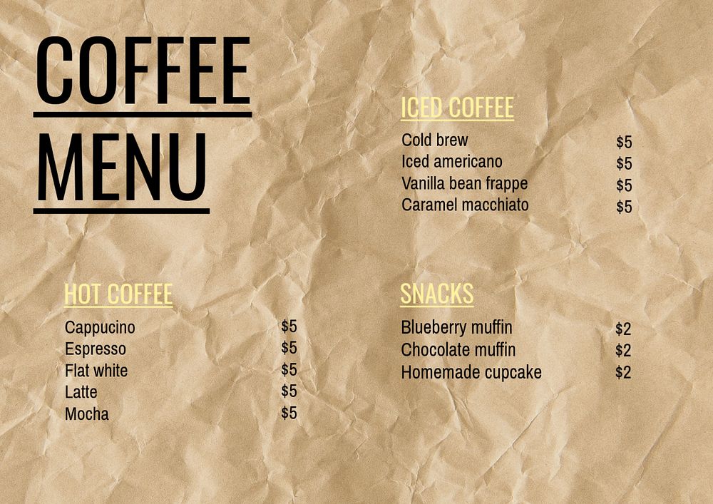 Coffee menu template, editable text and design