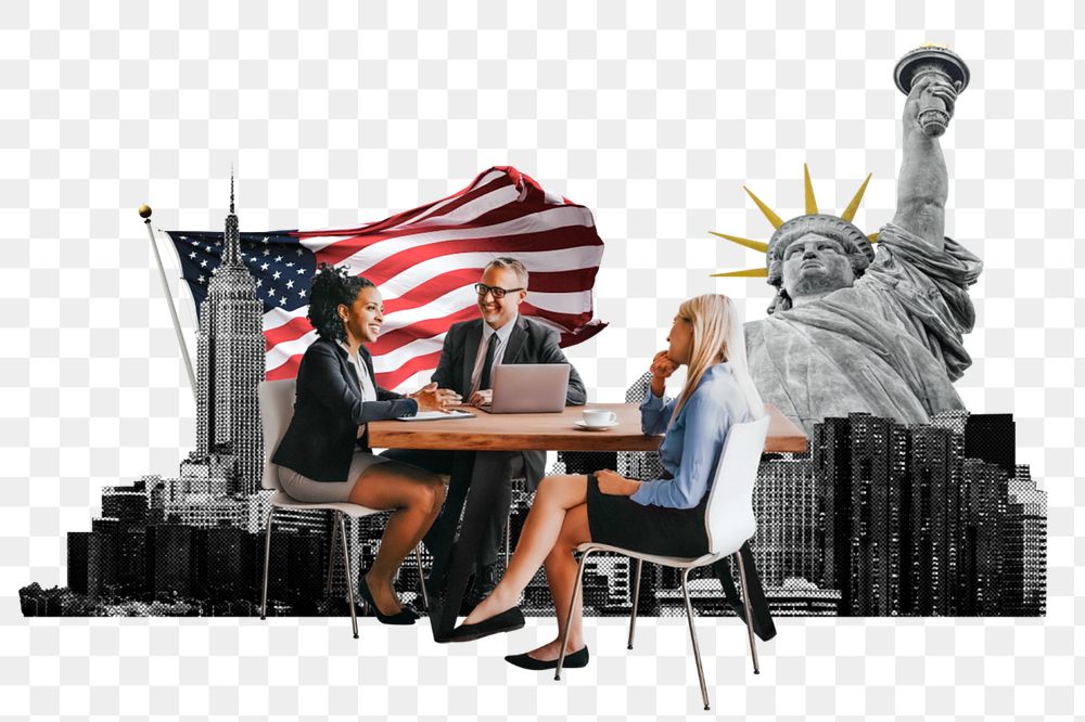 PNG element American partnership, business photo collage, editable design