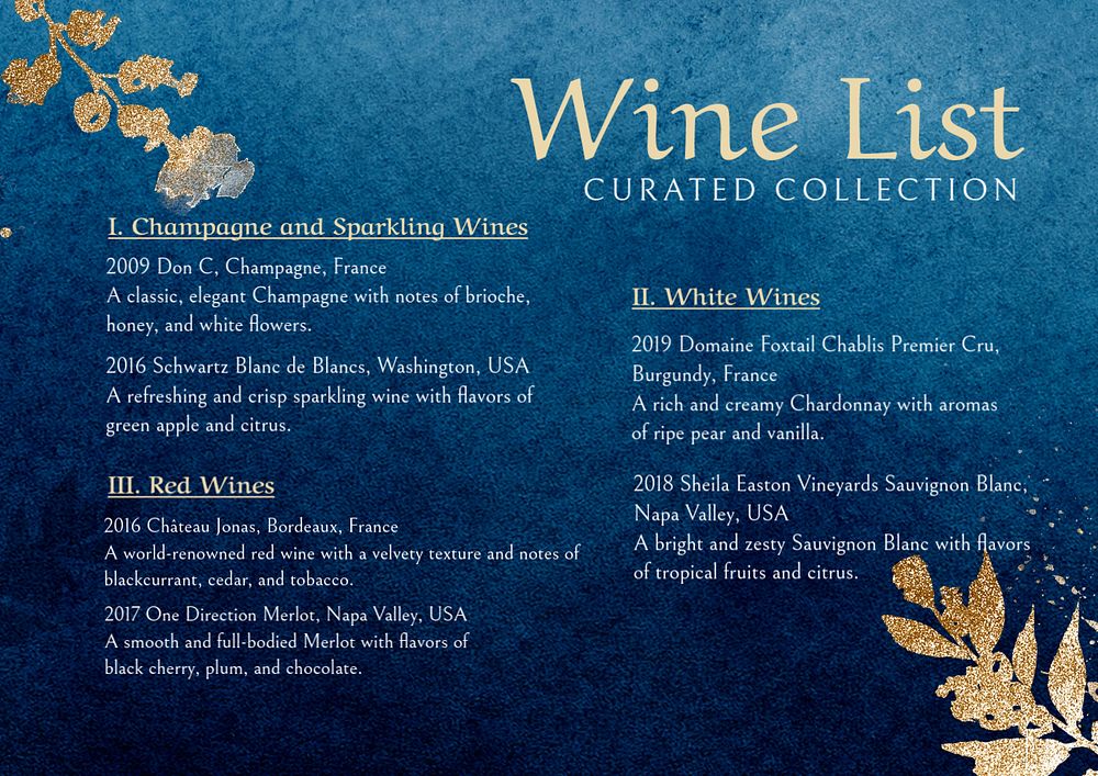 Wine menu template, editable text and design