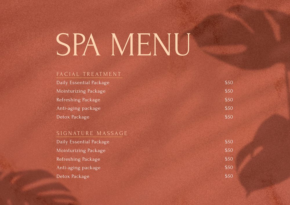 Spa menu template, editable text