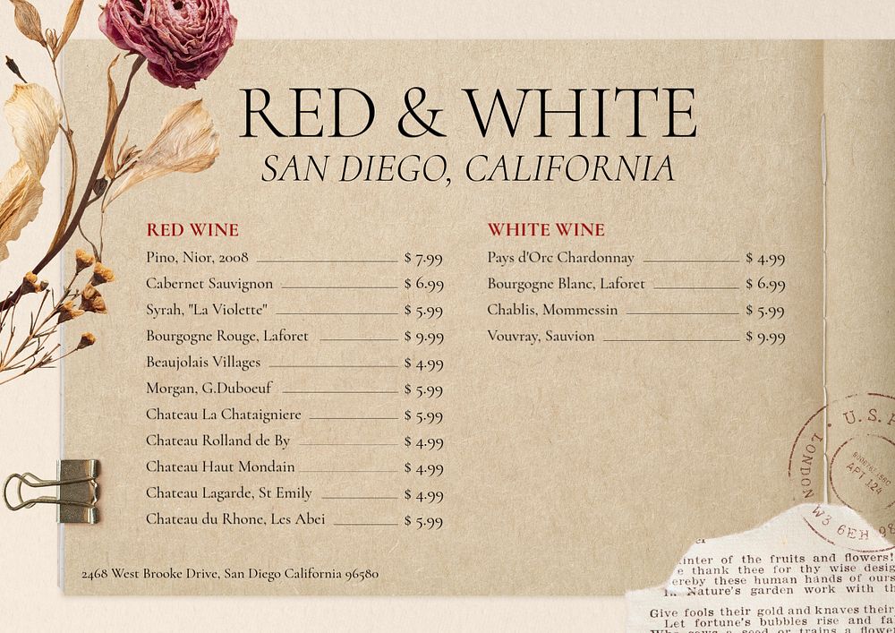 Drinks menu template, editable design