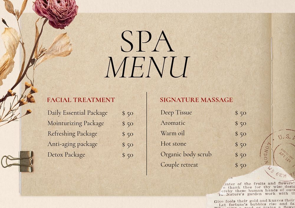 Spa menu template, editable design