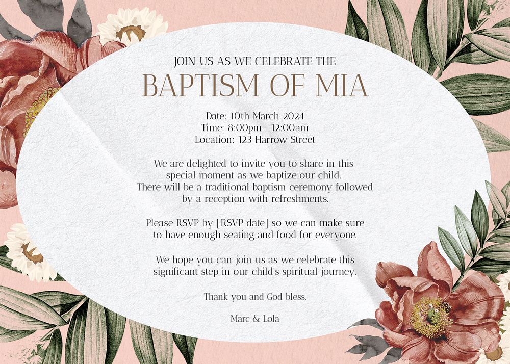 Baptism invitation template, editable design