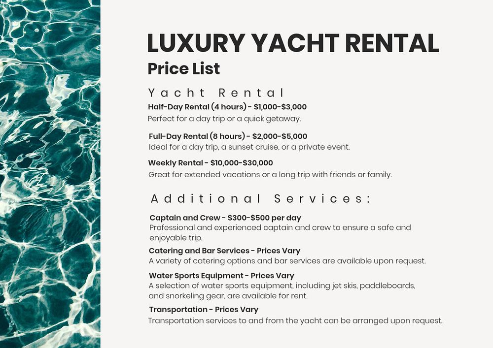 Yacht price list card template, editable text