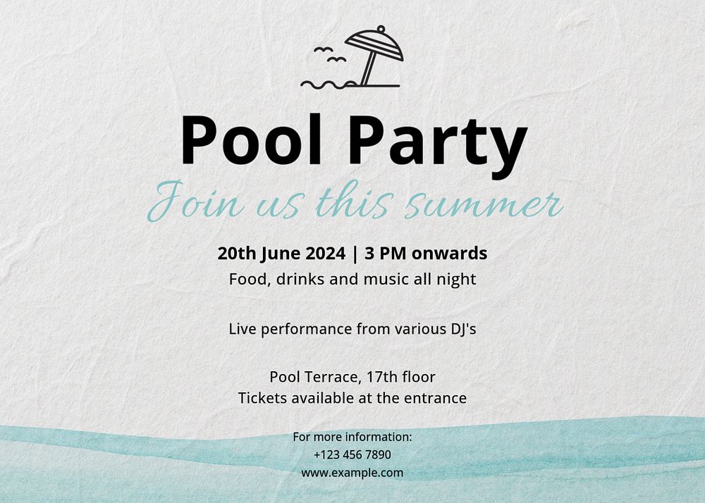 Pool party card template, editable text