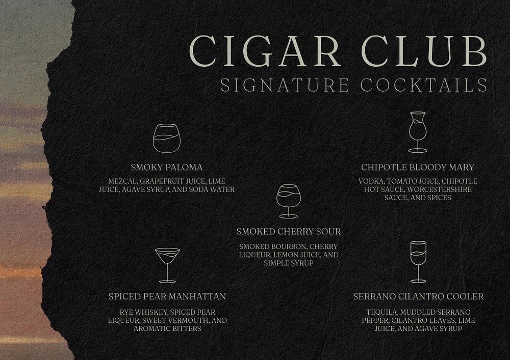 Cocktail menu card template, editable text