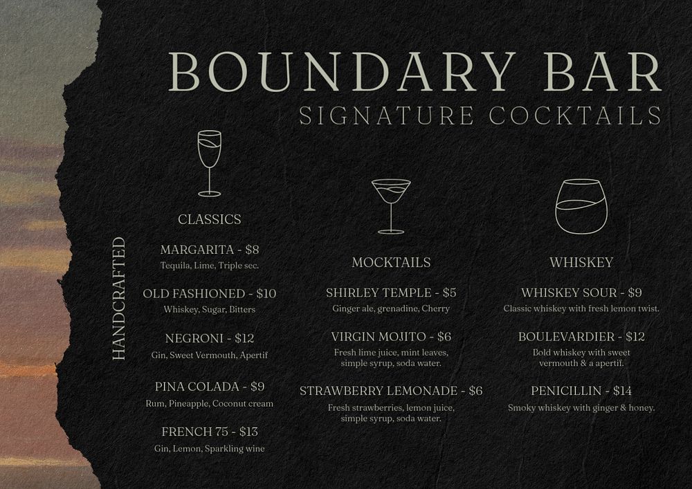 Cocktail menu card template, editable text