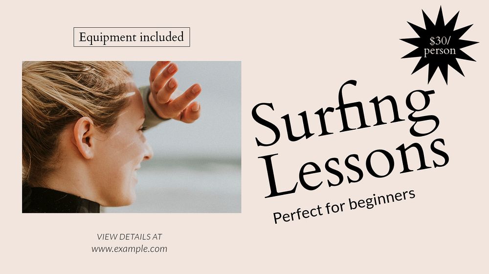 Surfing lessons  blog banner template, editable text