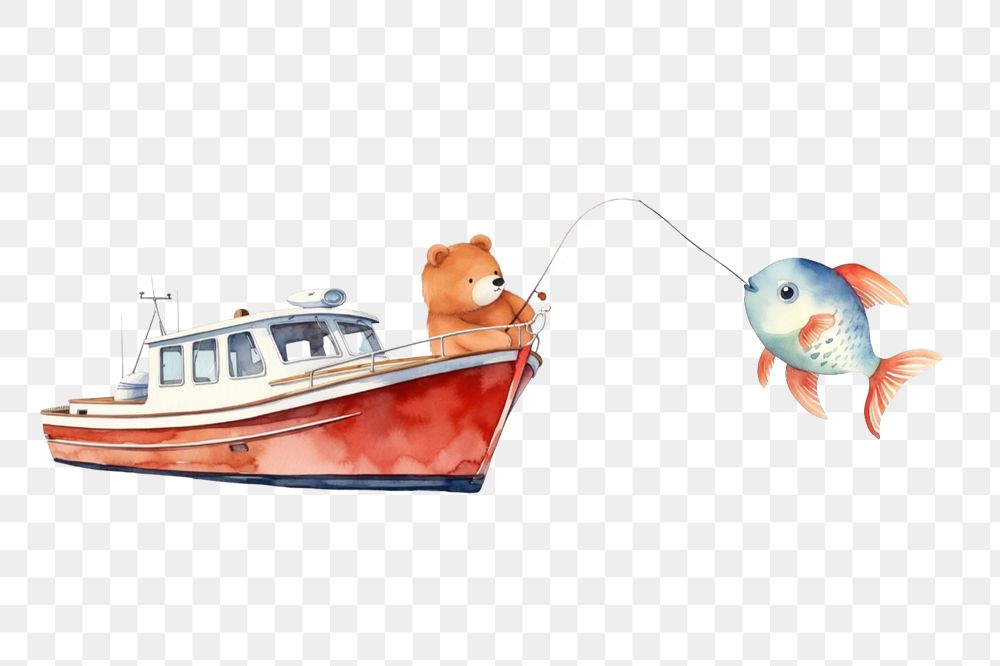 Bear fishing png element, watercolor animal, editable design