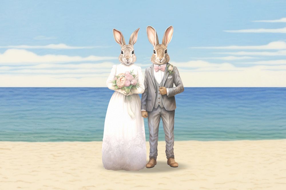 Newlywed rabbit couple digital art editable design, community remix