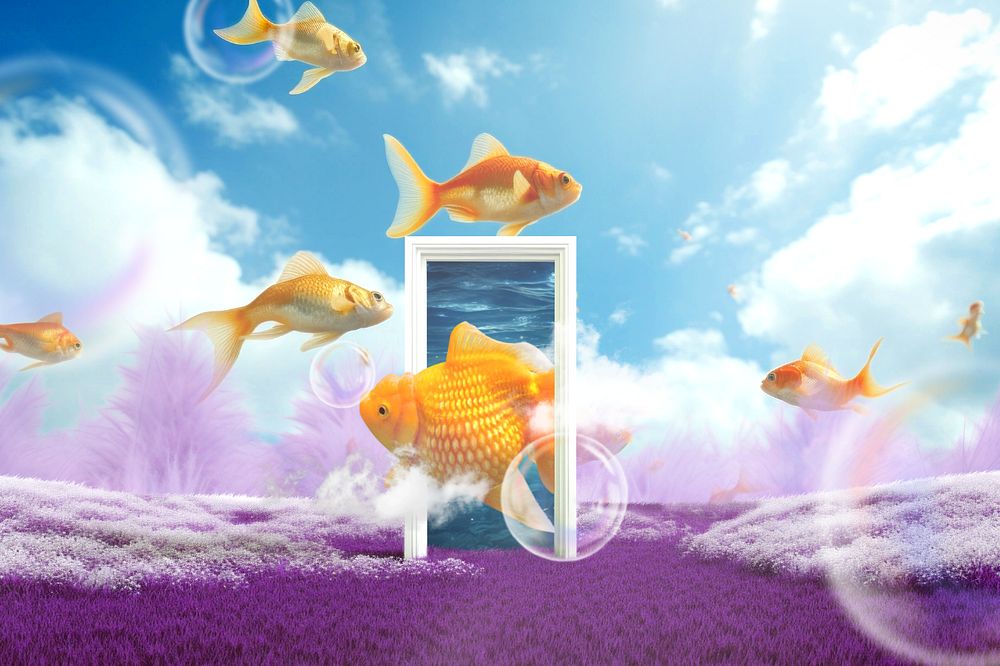 Flying goldfishes surreal editable design, community remix