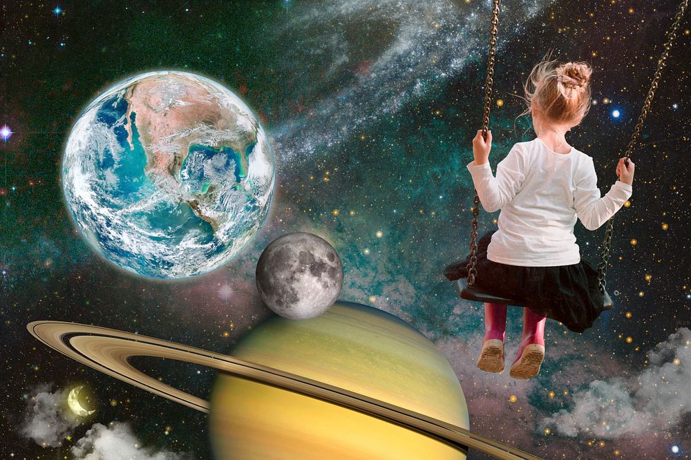 Girl on swing in space surreal editable design, community remix