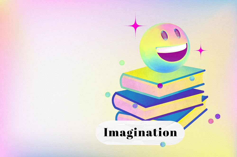 Editable stack of books, imagination word collage remix