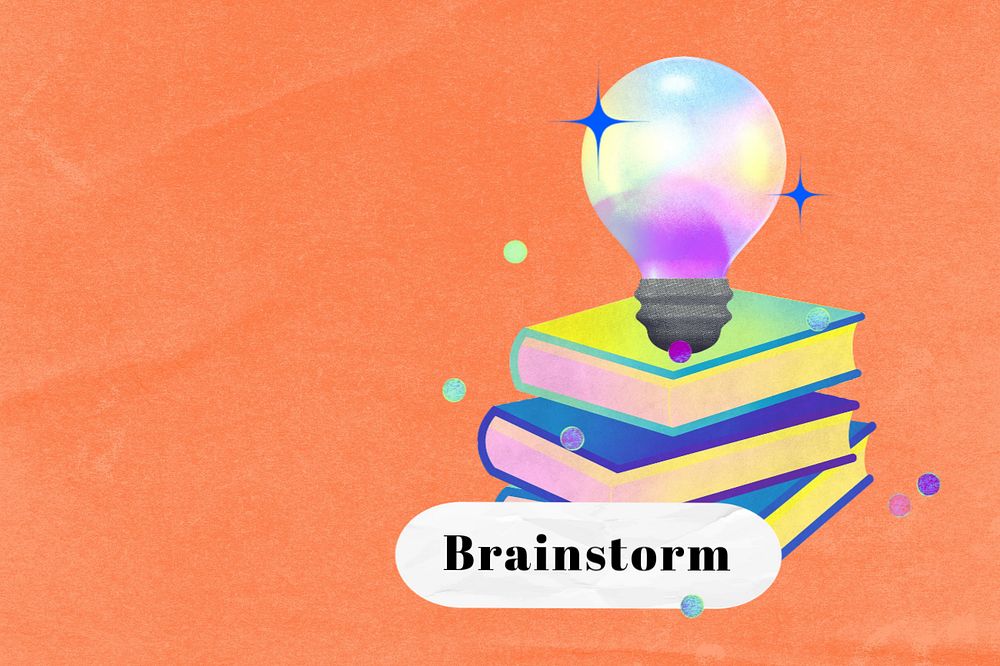 Editable brainstorm word, stack of books with light bulb collage remix