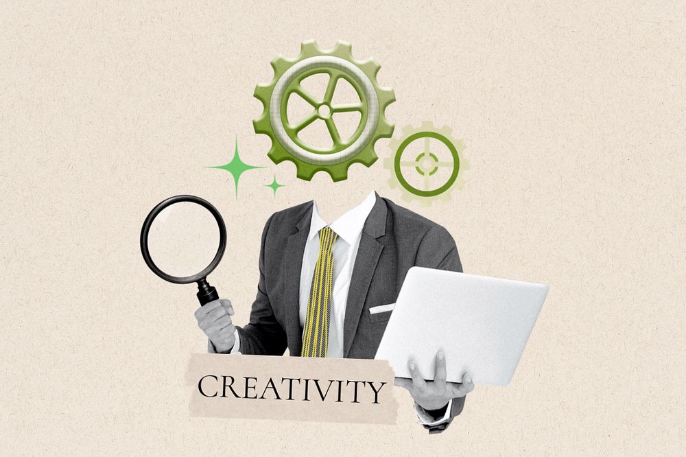 Creativity word, cogwheel head businessman remix, customizable design